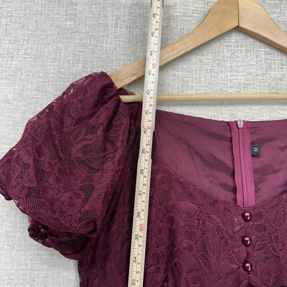 Dress Womens Medium Burgundy Lace Shoulder‎ Puff Sleeve Fit Flare Midi Formal - Picture 11 of 11